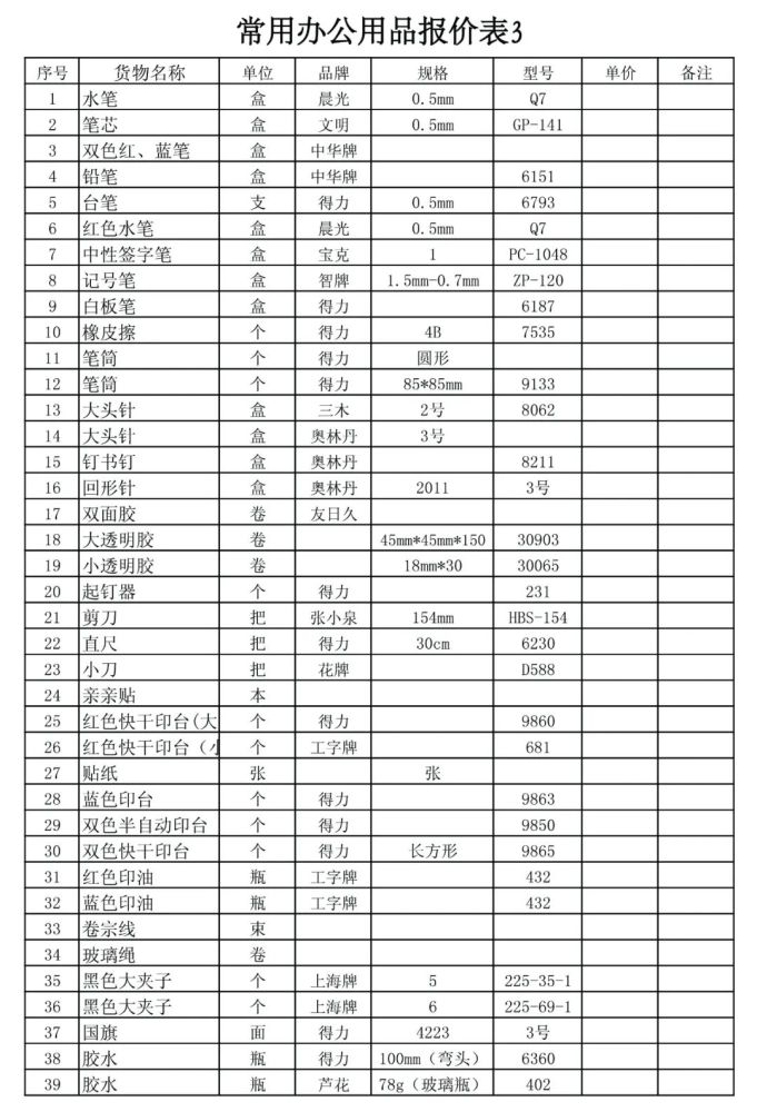 办公用品清单及价格详解